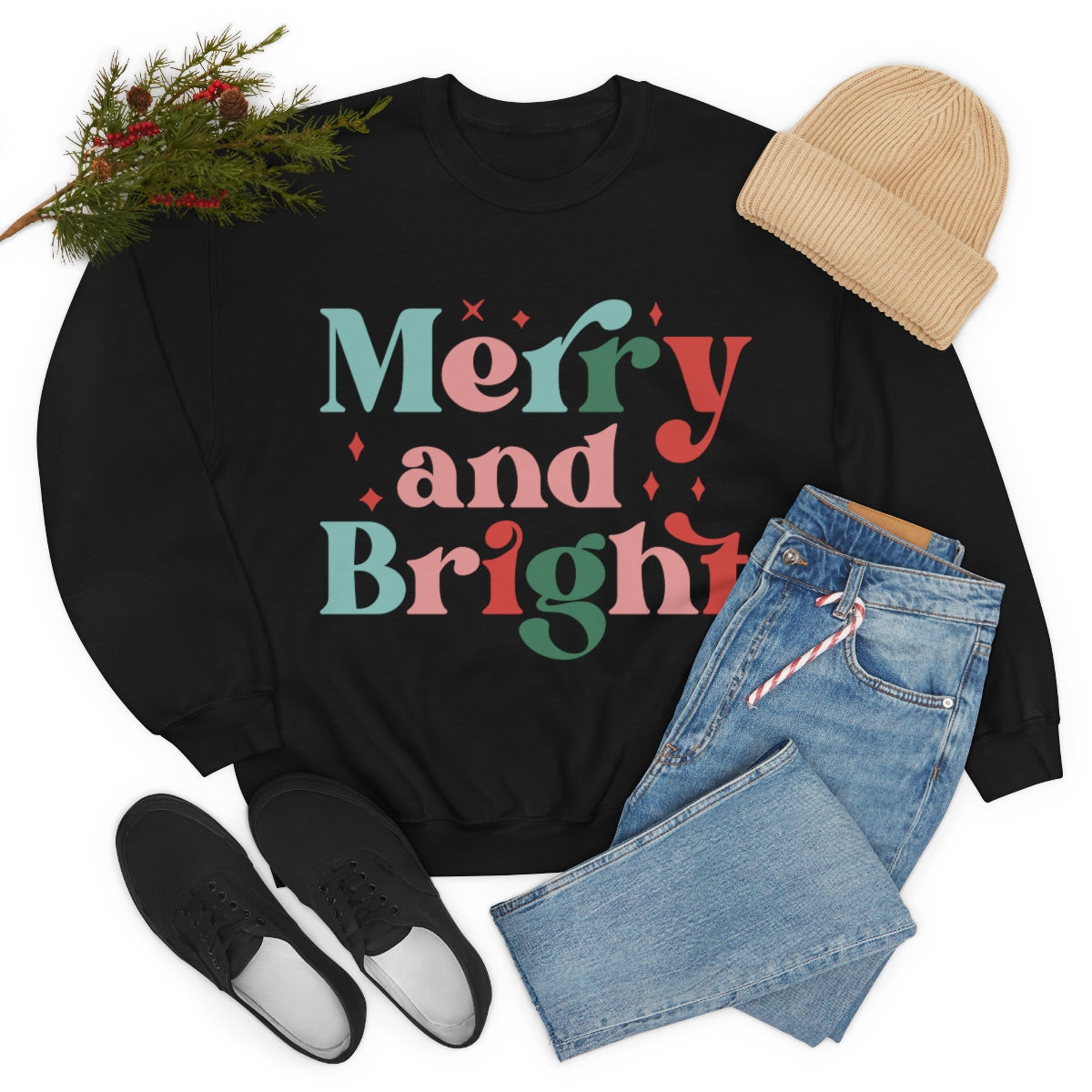 Retro Christmas Merry & Bright Crewneck Sweatshirt | Heavy Blend