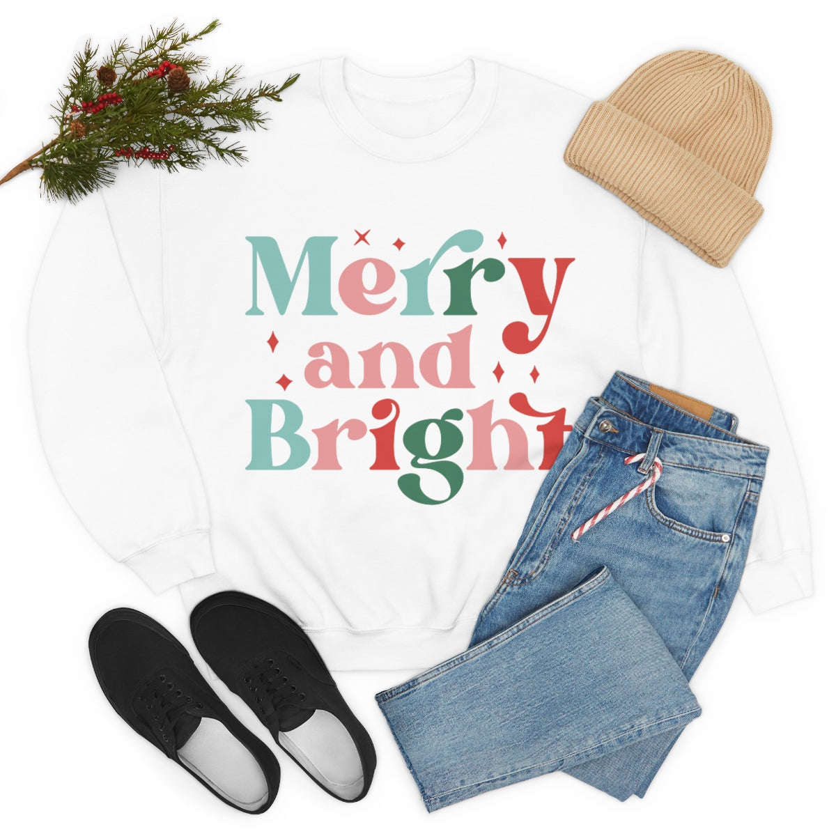 Retro Christmas Merry & Bright Crewneck Sweatshirt | Heavy Blend