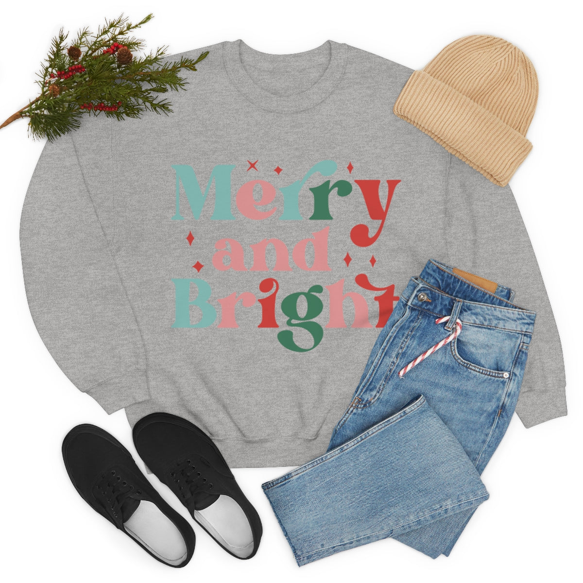 Retro Christmas Merry & Bright Crewneck Sweatshirt | Heavy Blend